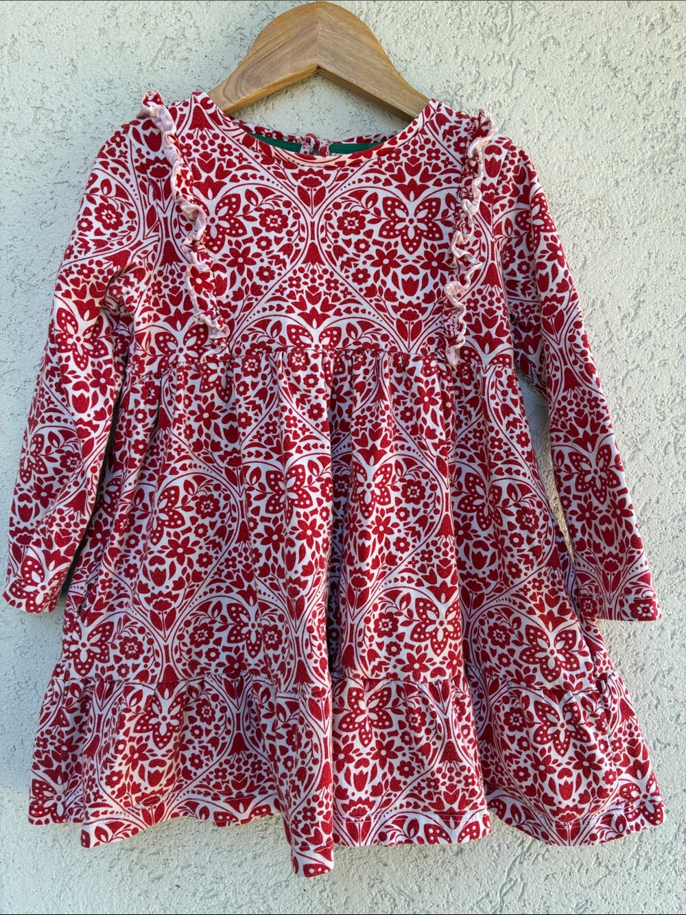 Mini Boden Red white floral heart print long sleeve dress with ruffles & pockets